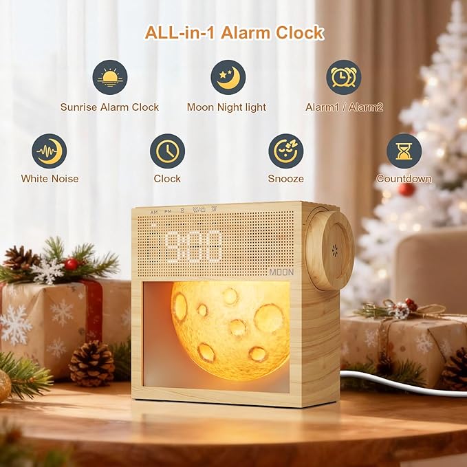 Sunrise Alarm Clock, Sound Machine & Gentle Wake-Up Light, Dual Alarms 20 Natural White Noise Machine for Heavy Sleepers Adults, Snooze, Timer, Dimmable Bedroom Bedside Moon Lamp, Better Sleep Gifts