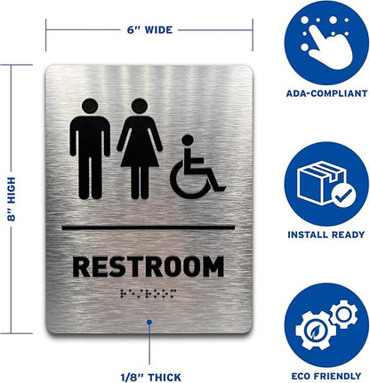 Women/Wheelchair Restroom Sign by GDS - ADA Compliant, Wheelchair Accessible, Raised Icons, Grade 2 Braille - Includes Adhesive Strips for Easy Installation - Bathroom Sign, Bathroom Signs for Business, Restroom Signs for Business - 6" W x 8" H (Brushe...