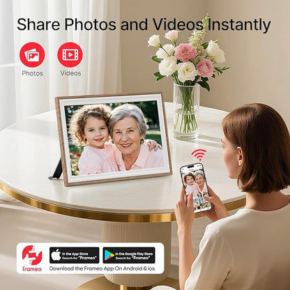 Frameo 10.1" Digital Picture Frame, Smart WiFi Digital Photo Frame with 1280x800 HD IPS Touch Screen 32GB Storage Auto-Rotate Wall Mounted, Share Photos/Videos Remotely(Brown&White)