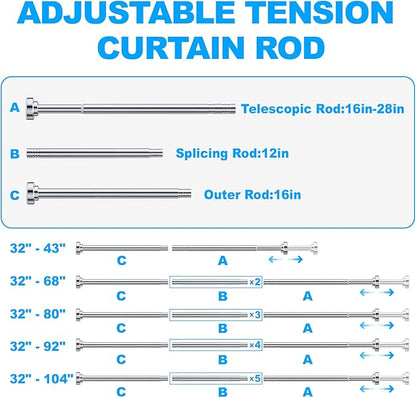 TEECK Shower Curtain Rod, 32-80 inch Adjustable Spring Tension Curtain Rod, Never Rust Anti-Slip Shower Curtain Rod for Bathroom, No Drilling, Never Collapse, Easy to Use, Silver