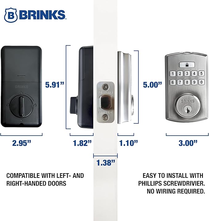 BRINKS Security Door Locks, High-Security Keyless Entry, Smart Electronic Door Lock with Deadbolt, Up to 50 Codes, Automatic Locking (Deadbolt, Satin Nickel)