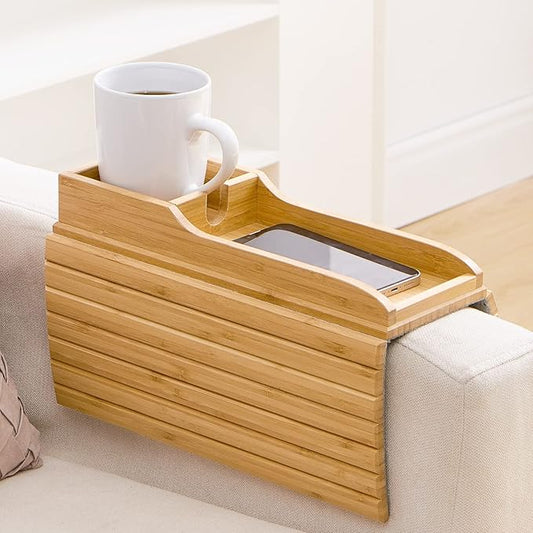 GEHE Couch Cup Holder, Anti Falling Sofa Arm Tray, Natural Bamboo Sofa Cup Holder More Safe for You Family, Portable Couch Arm Tray Armrest Table for Remote, Snacks, Phone, Drinks