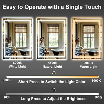 GLSLAND 26"x38" LED Bathroom Mirror with Lights, Dimmable Front and Backlit Vanity Mirrors, Wall Mounted Anti-Fog Lighted Mirror, Horizontal/Vertical Hanging