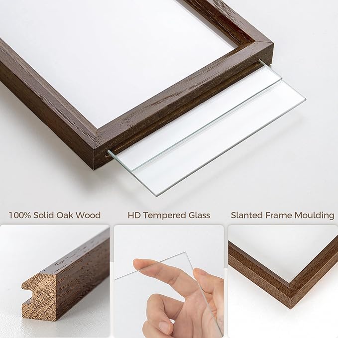 Axeman 6x8 Floating Picture Frame - Solid Oak Wood Picture Frame, Double Tempered Glass Photo Frame 2x3 4x6 5x7 6''x8'' Wood Frame, Wall Mount Or Tabletop Standing, Walnut