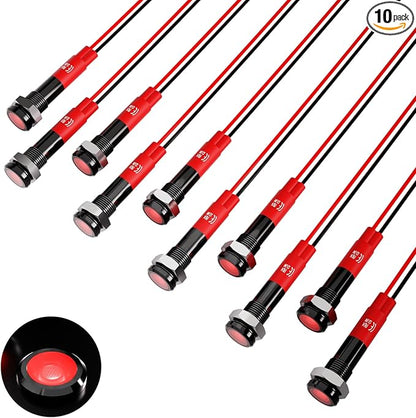 Indicator Light 10pcs 6mm 1/4" AC 12-24V Metal LED Waterproof Signal Lamp Pilot Dash Directional Car Truck Boat with Wire(Red 12V-24V)