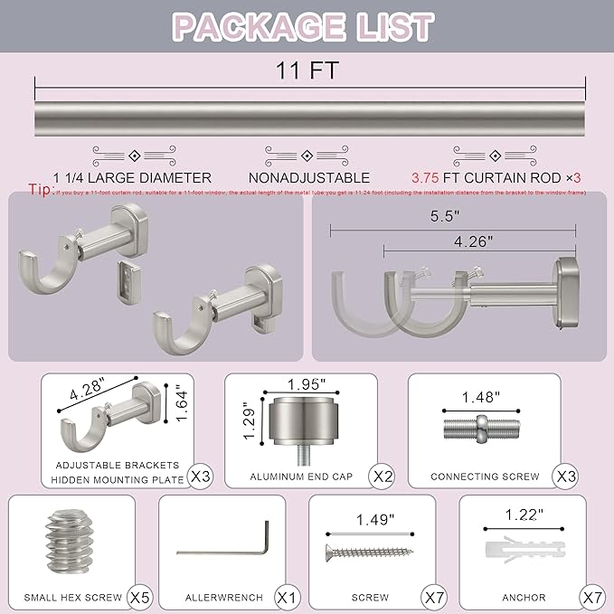Heavy Duty Curtain Rods,1 1/4" Large Diameter Premium Nonadjustable Curtain Rod,132in/11ft Custom Window Treatment Rods with Durable Aluminum Brackets and End Caps,Brushed Nickel Finish
