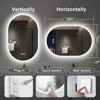 S'bagno 2pcs 24x36 Oval LED Bathroom Mirror with Lights, Anti-Fog, Bluetooth Speaker, 3 Colors Temperature & Dimmable, Lighted Mirrors for Bathroom Wall with Memory Function, Waterproof, Shatter-Proof