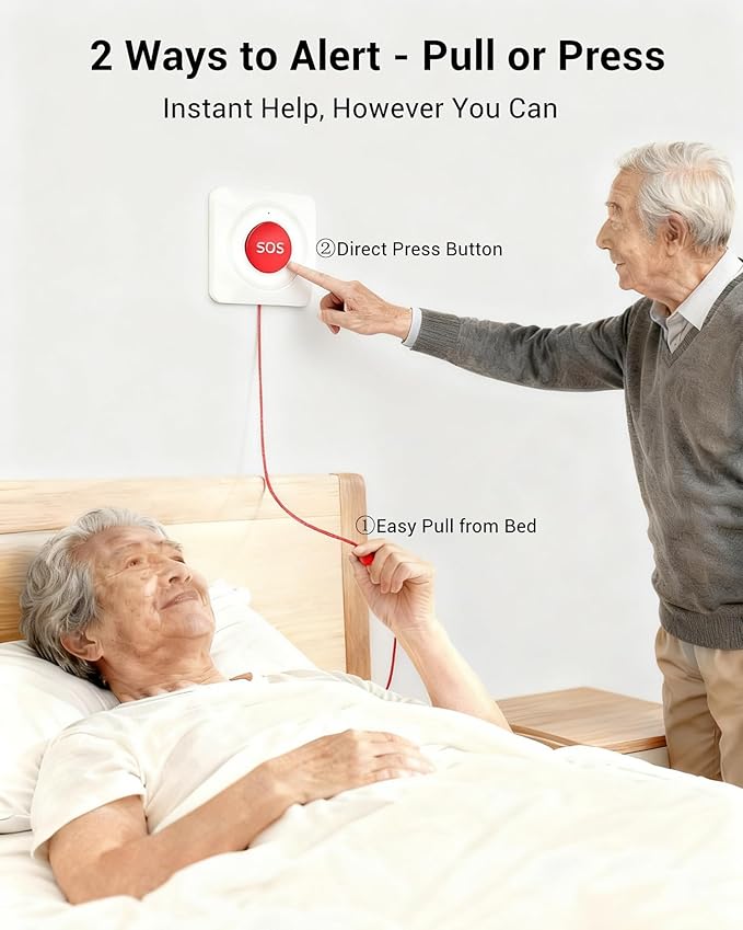 WiFi Caregiver Wireless Call Button System - 2 Lanyard + 1 Pull Cord Emergency Button, No Monthly Fee APP Alert, Custom Names/Tones, Elderly Safety for Mobile, Bathroom & Bedside Care