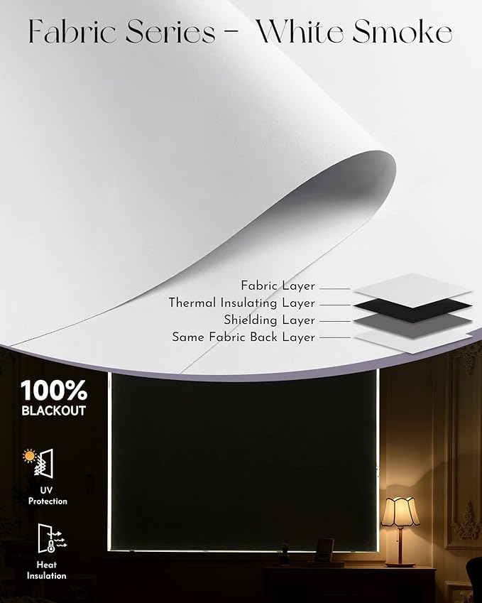 Graywind Motorized Shades 100% Blackout Compatible with Alexa Google WiFi Smart Hardwired Window Shade Remote Control Thermal Insulated Electric Blinds, Customized Size (WhiteSmoke)