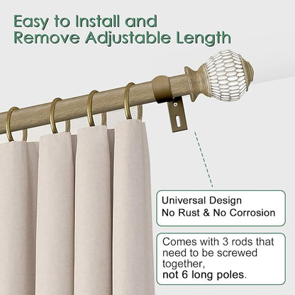 Curtain Rods for Windows 16 to 120 Inches Adjustable Length 1 Inch Diameter Window Curtain Rod with Wood Grain Leaf Pattern Finials,for Heavy Duty Curtains Rods