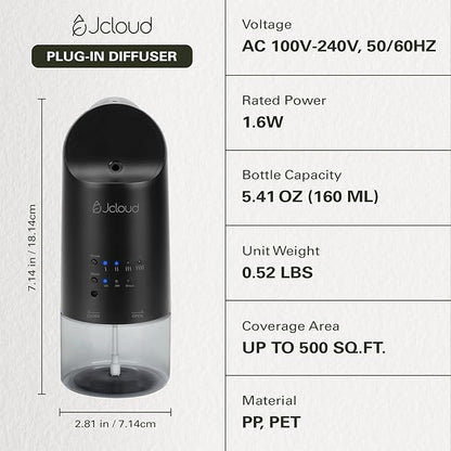 JCLOUD 2025 Plug in Diffuser | Cover Up to 500 Sq. Ft. for Home, Office, Spa – Portable Smart Wall Diffuser 160ML, Black with Royal Serenity Essential Oil Inspired by Luxury Hotel - 140mL