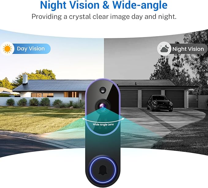 1080p Smart Video Doorbell Camera Wireless, Doorbell Receiver Included, Live View, AI Human Detection, Night Vision, Cloud Storage, 2.4G WiFi, Battery Powered, Indoor Outdoor Surveillance