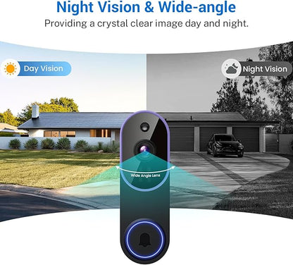 1080p Smart Video Doorbell Camera Wireless, Doorbell Receiver Included, Live View, AI Human Detection, Night Vision, Cloud Storage, 2.4G WiFi, Battery Powered, Indoor Outdoor Surveillance