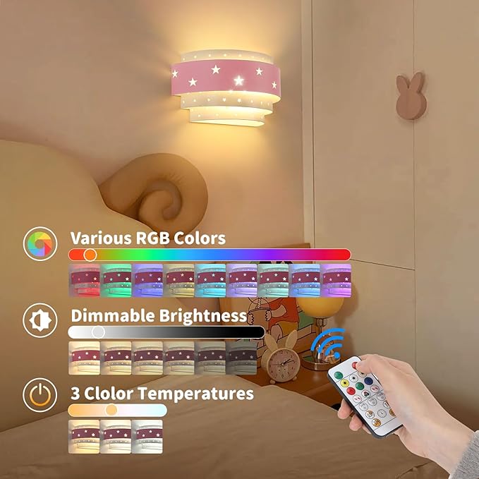 Lightess Pink Wall Sconce Battery Operated for Girls Room, LED Dimmable Wall Light Star, Cordless Wall Lamp for Children Bedroom Decor