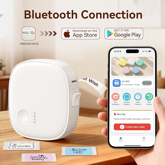 Mini Label Maker Machine with Tape – Portable Bluetooth Mini Label Printer, Wireless Thermal Label Maker, Waterproof & Rechargeable, Built-in Cutter, for Home, Office, School, Kitchen – White
