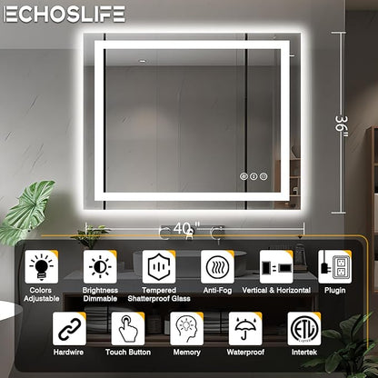 40"x36" LED Bathroom Vanity Mirrors with Front Light and Backlit, Anti-Fog Vanity Mirror with Lights, Stepless Dimmable Lighted Mirror, 3 Colors Smart Mirror (Horizontal/Vertical)