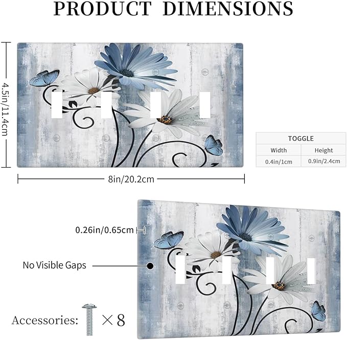Decorative Light Switch Cover Plate Rustic Blue White Daisy Ink Flower 4 Gang Wall Plates for Electrical Outlets Quad Toggle Switch Plate Covers Outlet Covers Faceplate for Bedroom Home Decor