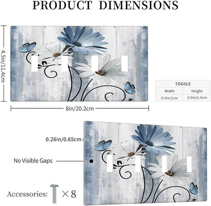 Decorative Light Switch Cover Plate Rustic Blue White Daisy Ink Flower 4 Gang Wall Plates for Electrical Outlets Quad Toggle Switch Plate Covers Outlet Covers Faceplate for Bedroom Home Decor