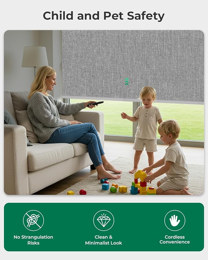 Allesin Motorized Roller Blinds – Rechargeable Smart Shades with Remote & Quiet Motor, Top/Bottom Aluminum Rails, Alexa-Compatible for Window (Custom Size, 100% Blackout Stone-Weave)
