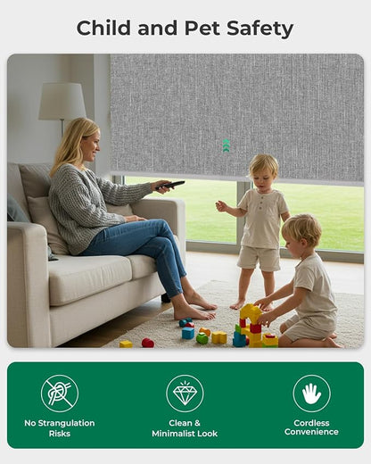 Allesin Motorized Roller Blinds – Rechargeable Smart Shades with Remote & Quiet Motor, Top/Bottom Aluminum Rails, Alexa-Compatible for Window (Custom Size, 100% Blackout Stone-Weave)