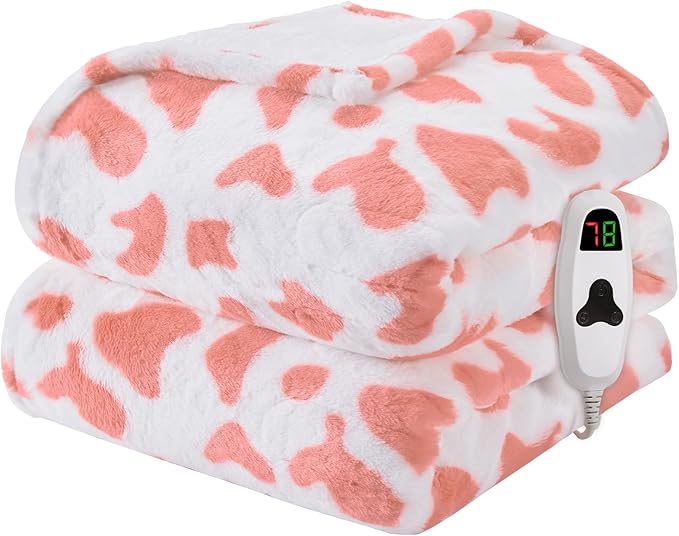 Cow Print Heated Electric Blanket Twin,62X84 Pink Heating Blanket with 10 Heats Levels & 8 Hours Auto Off,Cute Cow Decor Fleece Sherpa Blankets Warmer Gifts for Women Couch Office,Washable