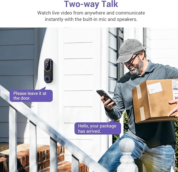 1080P Smart Video Doorbell Camera with Motion Detection, Night Vision, Cloud Storage, Two-Way Talk, Battery Powered, Home or Business Security, 2.4GHz Wi-Fi(Excluding Receiver)