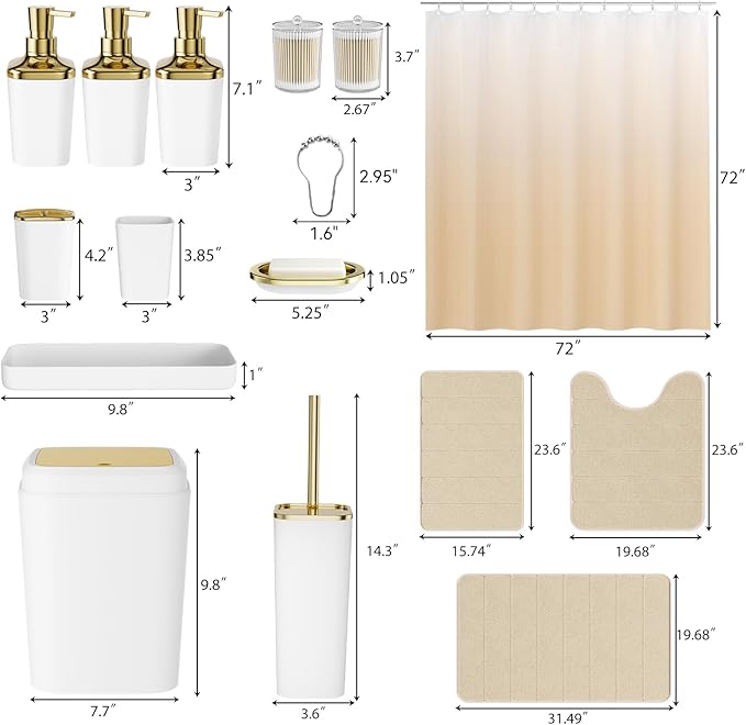Bathroom Sets with Shower Curtain and Rugs, 27PC Bathroom Accessory Set, White Bathroom Set, White Bathroom Accessories Set with Trash Can, Toilet Brush and Soap Dispensers