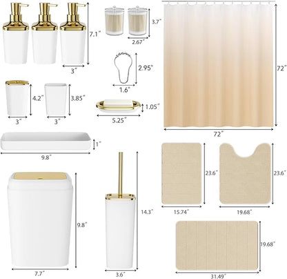 Bathroom Sets with Shower Curtain and Rugs, 27PC Bathroom Accessory Set, White Bathroom Set, White Bathroom Accessories Set with Trash Can, Toilet Brush and Soap Dispensers