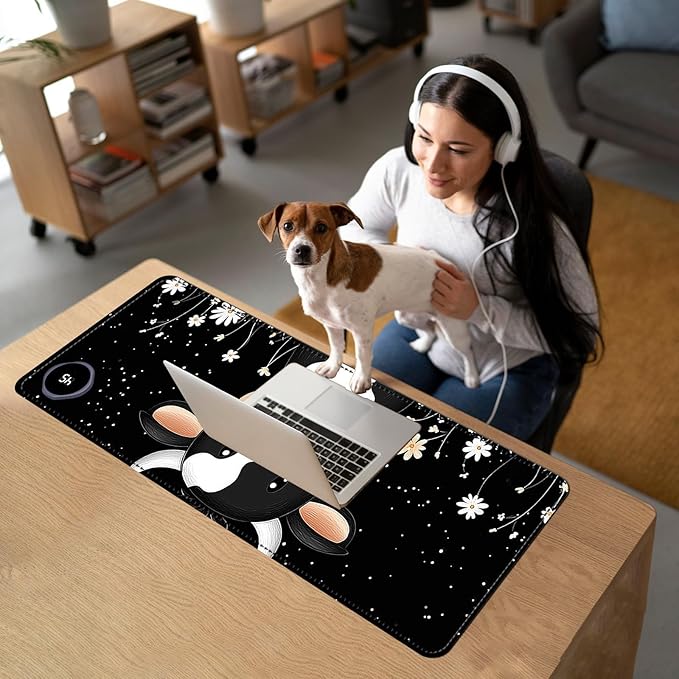 Heated Mouse Pad with 3 Temperature Settings(104°F–122°F),Large 31.5x13 Inch PU Leather Heated Desk Mat,Waterproof Warming Pad for Office,Gaming & Cold Hands Relief,Cute Black White Cow
