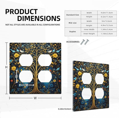 Decorative Outlet Covers Gold Tree of Life Blue Bird Yellow Flower 2 Gang Wall Plate Double Duplex Light Switch Cover Switch Plate Covers Faceplate for Bedroom Home Decor