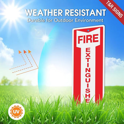 T&R Metal Fire Extinguisher Sign - 4 Pack - 12"x4" .040 Rust Free Heavy Aluminum, Reflective, Waterproof, Weatherproof and Fade Resistant, 2 pre-drilled holes, Easy to Install Indoors and Outdoors