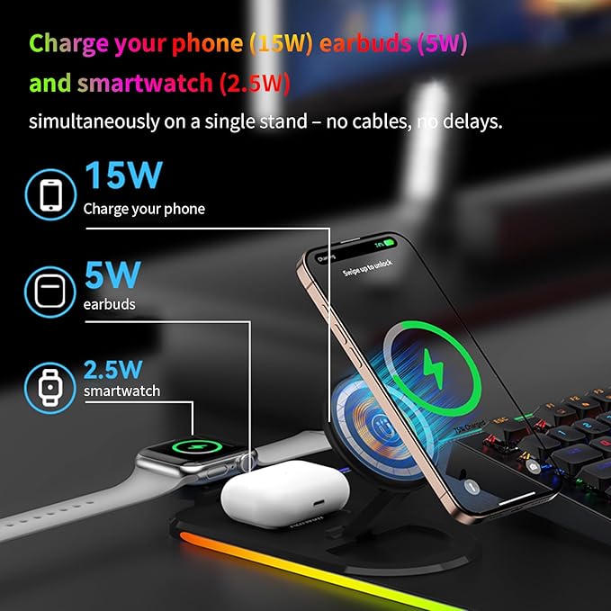 15W Fast Wireless Charging Mouse Pad, XXL RGB Gaming Desk Mat (31.5x15.7in) with Power Adapter & USB-C Cable，15 RGB Light Modes Desk Mat, Waterproof Keyboard Pad for PC/MacBook/Laptop (Black)