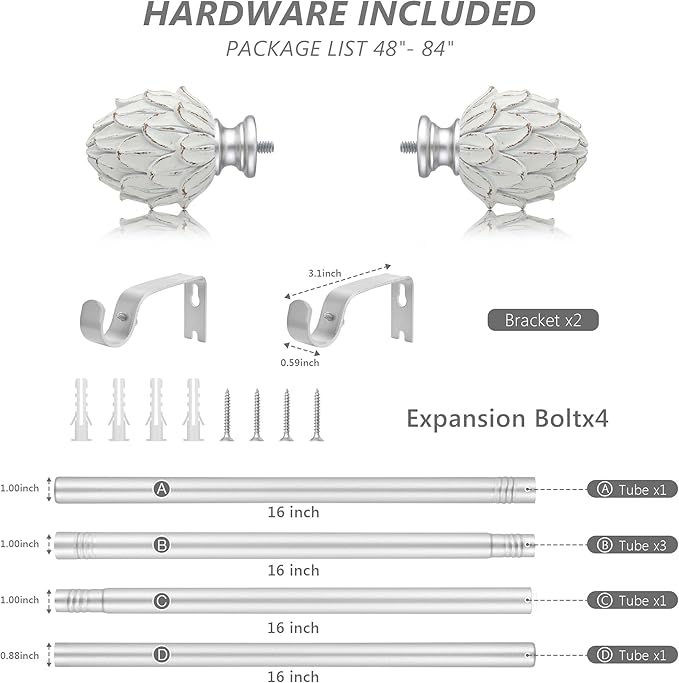 Curtain Rods for Windows 48 to 84 Inches 1 Inch Diameter Adjustable Drapery Rod Decorative Single Window Curtain Rods with Classic Finials,Silver