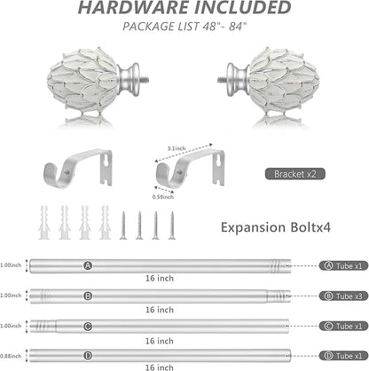 Curtain Rods for Windows 48 to 84 Inches 1 Inch Diameter Adjustable Drapery Rod Decorative Single Window Curtain Rods with Classic Finials,Silver