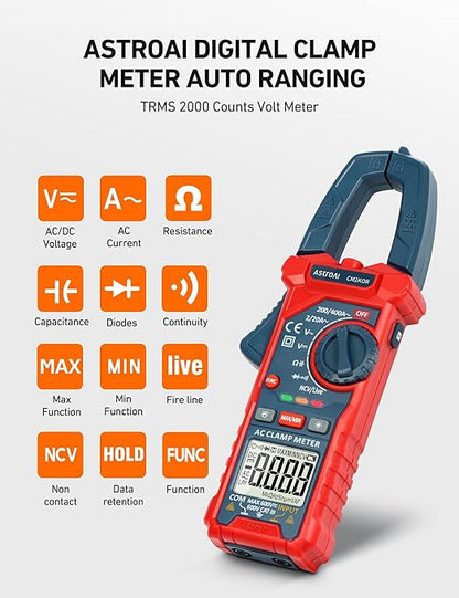 AstroAI Digital Clamp Meter Multimeter 2000 Counts Amp Voltage Tester Auto-ranging with AC/DC Voltage, AC Current, Resistance, Capacitance, Continuity, Live Wire Test, NCV, Blue