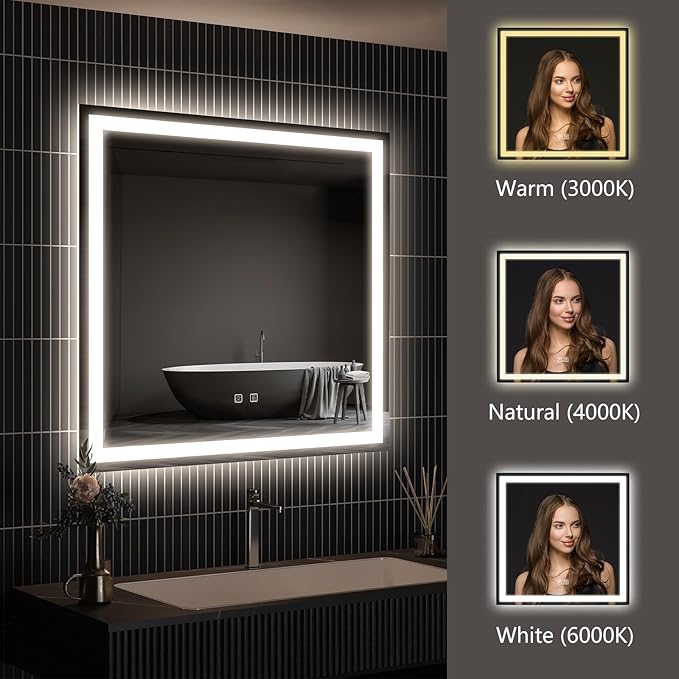 APRILSOUL 30x30 Inch LED Bathroom Mirror with Front and Backlit, Makeup Mirror with 3 Color Lights, Memory Function, Anti-Fog and Dimmable Light (Horizontal)