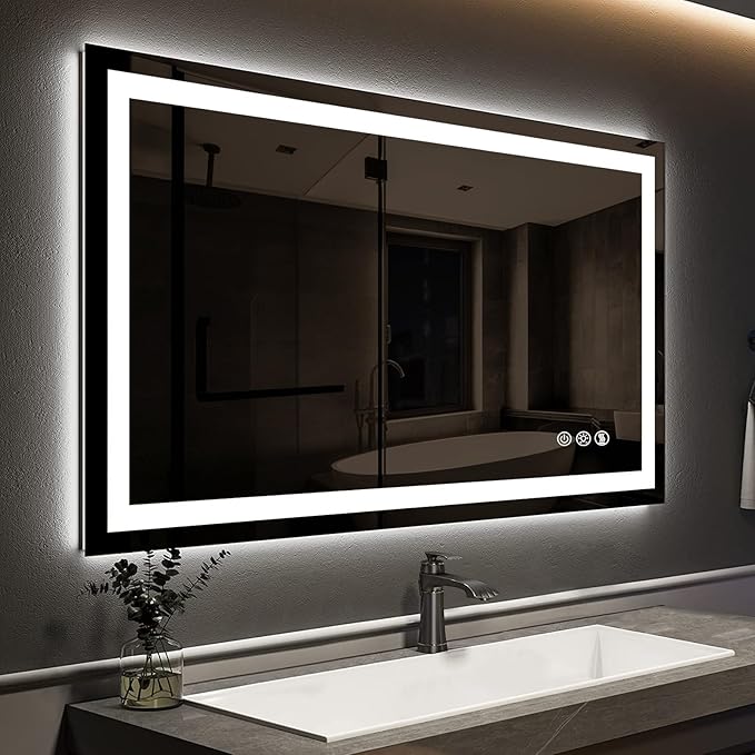 ROOMTEC 36 x 24 Inches LED Bathroom Mirror with Front and Backlit,Anti-Fog,3 Colors and Dimmable Light(Horizontal/Vertical),Silver