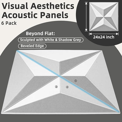 Art3dwallpanels 24" X 24" Acoustic Panels 6 Pack Soundproof Wall Panels Sound Dampening, 3D Wall Decor Absorbing Panels, White and Gray