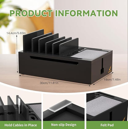 Pezin & Hulin Bamboo Charging Station, Electronic Devices Organizer for Multiple Devices Charger Such As Cell Phone, Tablet, Watch and More, Blackl, (No USB Charger and Cables