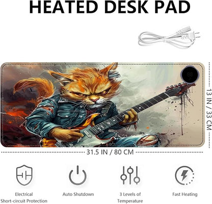 Heated Mouse Pad with 3 Levels Heated & 3 Hours Auto Shut-Off Mouse Pad for Warming Hands in Office Home, 31.5" x 13"Large Safe Desk Mat Hand Warmer，Cat Playing Guitar