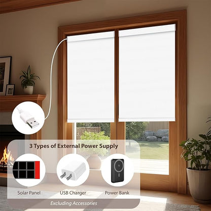 Motorized Roller Blinds with Remote, 100% Blackout Automatic Roller Shades for Bedroom, Bathroom, and Living Room, Customized Size, Pearly White