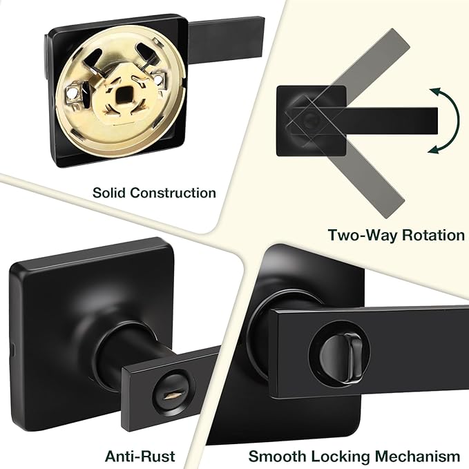 GOBEKOR 3 Pack Privacy Door Levers & Handles with Lock - Square Black Lever Door Handles for Bedroom & Bathroom