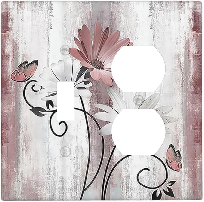 Wallplates Pink White Daisy Butterfly Wood Grain 1 Toggle 1 Duplex Switch Plate Electrical GFCI Faceplate Decorative Light Switch Covers for Farmhouse Bathroom Decor