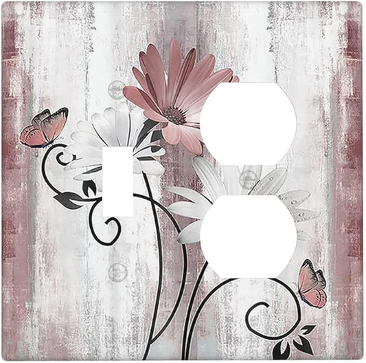 Wallplates Pink White Daisy Butterfly Wood Grain 1 Toggle 1 Duplex Switch Plate Electrical GFCI Faceplate Decorative Light Switch Covers for Farmhouse Bathroom Decor