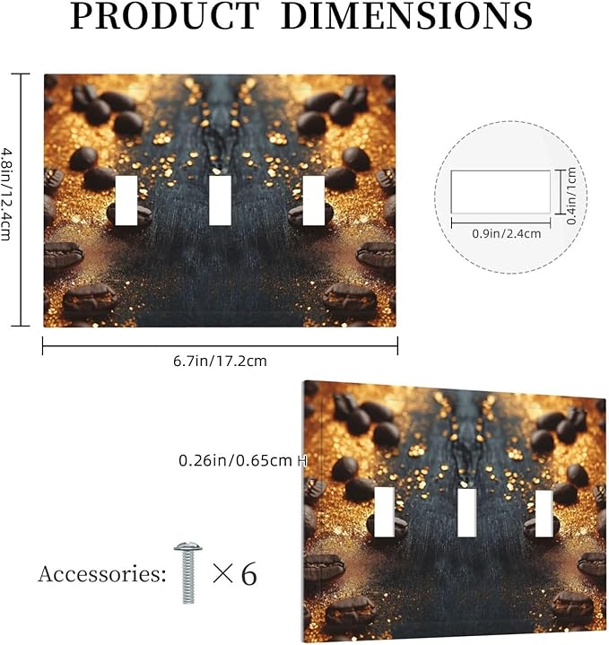 Decorative Light Switch Cover Plate Black Wood Board Gold Dust Coffee Beans 3 Gang Wall Plate Oversized Triple Toggle Switch Cover Plate Jumbo Face Plate for Home Decor