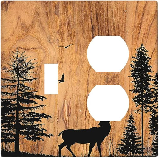 Wallplates Rustic Farmhouse Orange Brown Pine Tree Deer Wood Grain 1 Toggle 1 Duplex Switch Plate Electrical GFCI Faceplate Decorative Light Switch Covers for living Room Cabin Decor