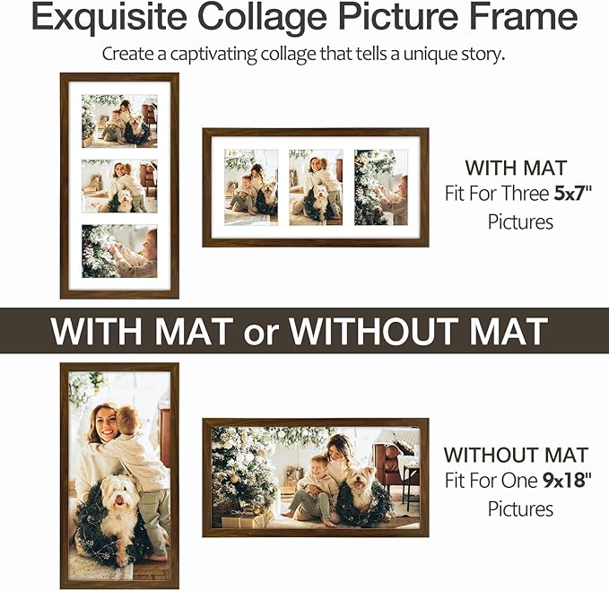 Golden State Art Three 5x7 Collage Picture Frame - Solid Wood with Tempered Glass - Multi Picture Frame Display Three 5x7 Photos with Mat - or One 9x18 Frame Without Mat for Wall Decor, Brown