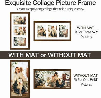 Golden State Art Three 5x7 Collage Picture Frame - Solid Wood with Tempered Glass - Multi Picture Frame Display Three 5x7 Photos with Mat - or One 9x18 Frame Without Mat for Wall Decor, Brown