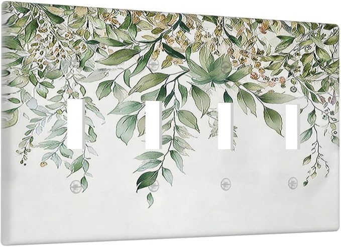 Light Switch Covers Sage Green Eucalyptus Watercolor Plant Leaves Quad Toggle Electrical Faceplate 4 Gang Wall Plate Decorative Switch Plates for Bedroom Bathroom Decor