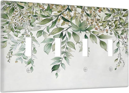 Light Switch Covers Sage Green Eucalyptus Watercolor Plant Leaves Quad Toggle Electrical Faceplate 4 Gang Wall Plate Decorative Switch Plates for Bedroom Bathroom Decor